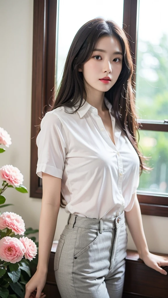 ((best quality)), ((masterpiece)), (detailed), perfect face There is a woman standing by the window with pink flowers., Put on a shirt, Morning Light, Sakimi-chan, Wear a white shirt., Korean girl, Sakimi-chan hdri, Standing near the window, Wearing a blouse, Wear a white shirt., reluvy5213, open shirt, Wear a light-colored shirt., Shiho, full body, big breast
