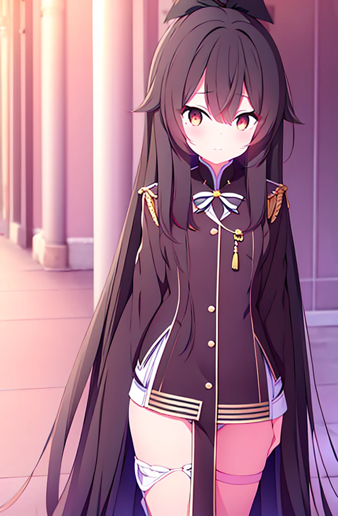 hair length about 5 meters girl long_hair black_hair tall black_uniform highschool 1girl high ponytail super long hair long hair