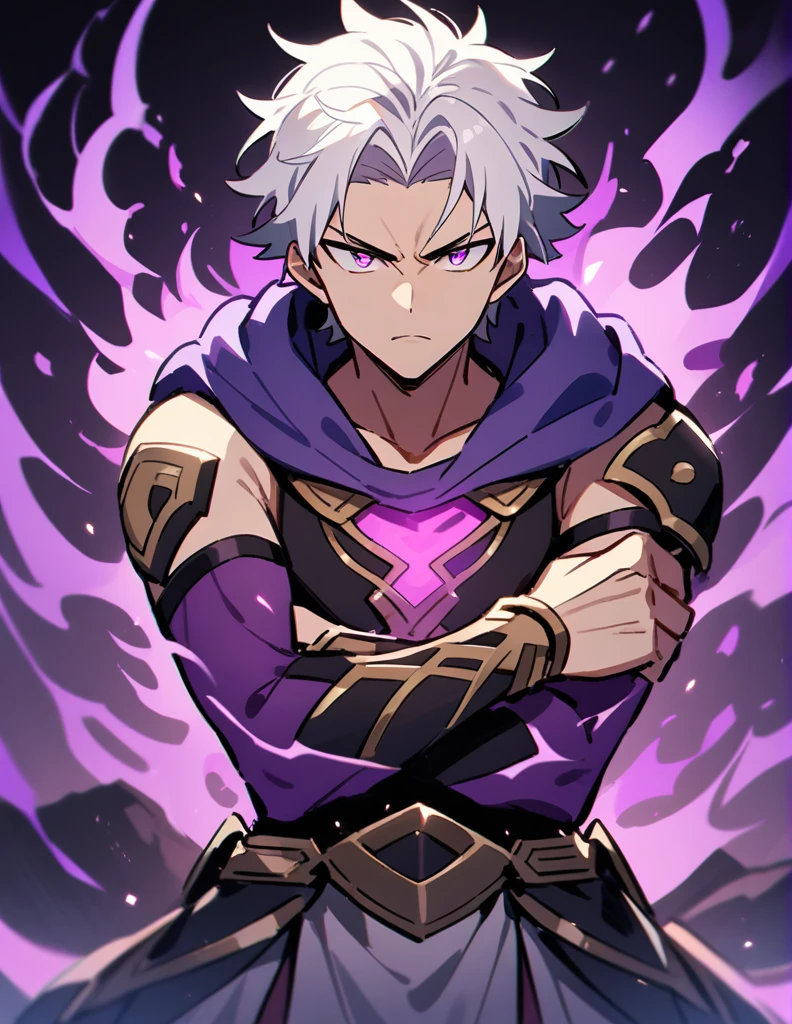 Greek boy with long white hair, serious look, violet eyes, with one of his arms covered in purple fire