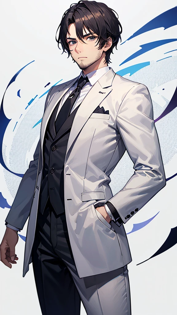 male、30 years old、less beard、Tired face、Glaring eyes、Long bangs、7:3 parting、Shot from the thigh up、Are standing、looking at the camera、Plain white background、Black business suit、High quality、Salaryman