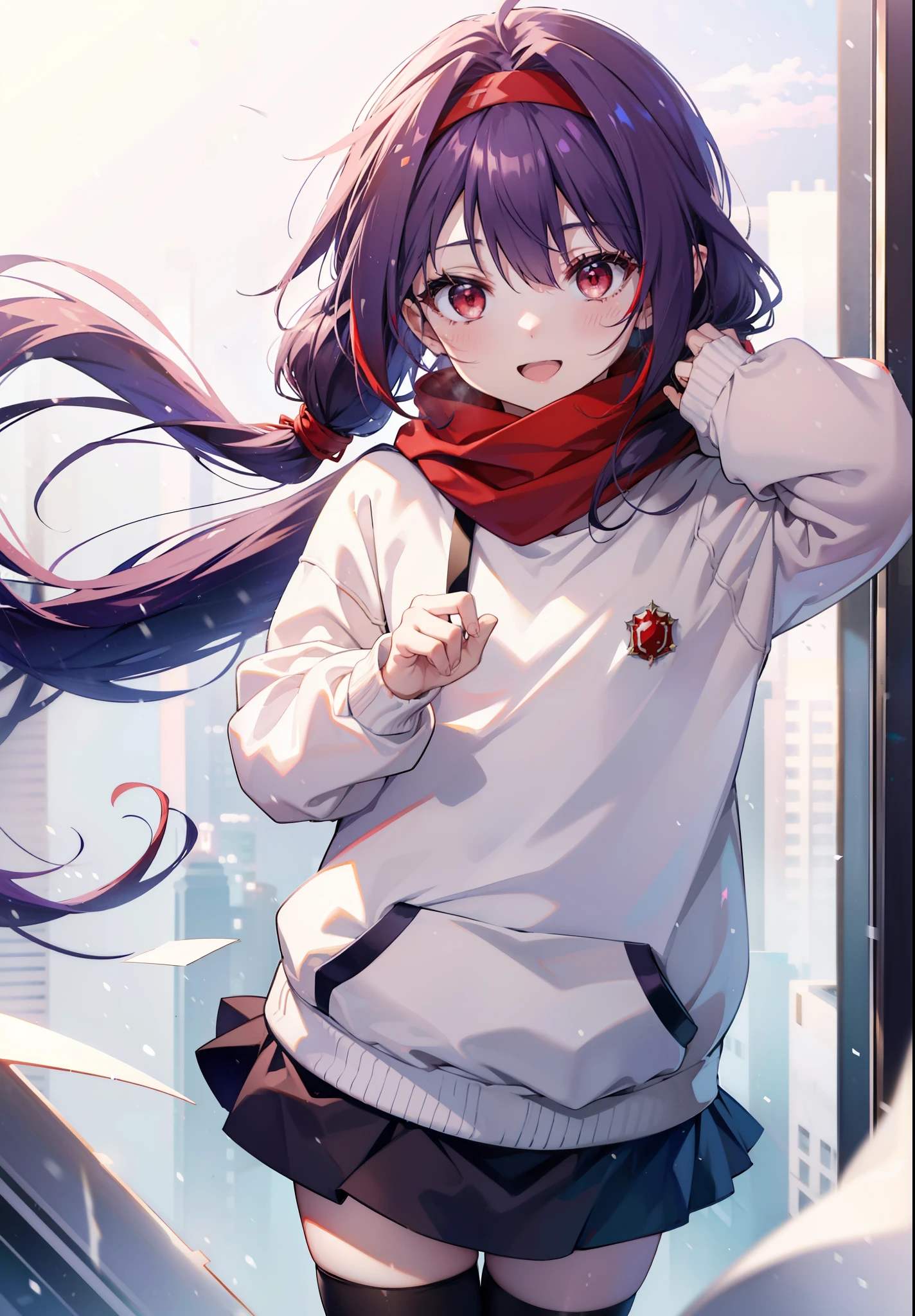 yuukikonno, Konno Yuuki, Long Hair, Pointed Ears, Purple Hair, (Red eyes:1.5), (Small breasts:1.2), Open your mouth,happy smile, smile, Open your mouth,hair band,low twin tail,Red Scarf,Oversized purple hoodie,Long skirt,Black pantyhose,short boots,He has his hands in his hoodie pockets.,snowが降っている,snowが降り積もっている,snow,snow,snow,snow,winter,Cold night,Walking,whole bodyがイラストに入るように,Looking down from above,
break looking at viewer, whole body,
break outdoors, In town,
break (masterpiece:1.2), Highest quality, High resolution, unity 8k wallpaper, (figure:0.8), (Beautiful attention to detail:1.6), Highly detailed face, Perfect lighting, Highly detailed CG, (Perfect hands, Perfect Anatomy),