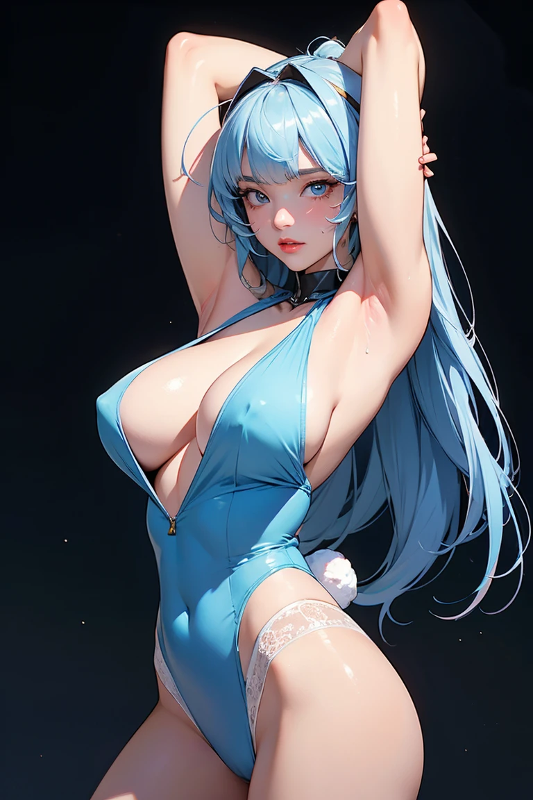 Adorable , Gorgeous , Beautiful , Russian Baby Face , (Large Colossal Breasts) , 30 Years Old , White Skin , Bunny Cosplay Suit ,(very sweaty body, arms up, sweet armpits, detailed armpits), Bunny Headband , Front Facing , Potrait , in clubbing background , Wind , ((Muscles:1.1)) , Long Hair Bangs , Blue Eye , ((Pink-Blue Pastel Coloured)) , ((Night:1.3)) , Standing , HDR , Ultra Detailed , EF 24-70mm f/2.8L II USM