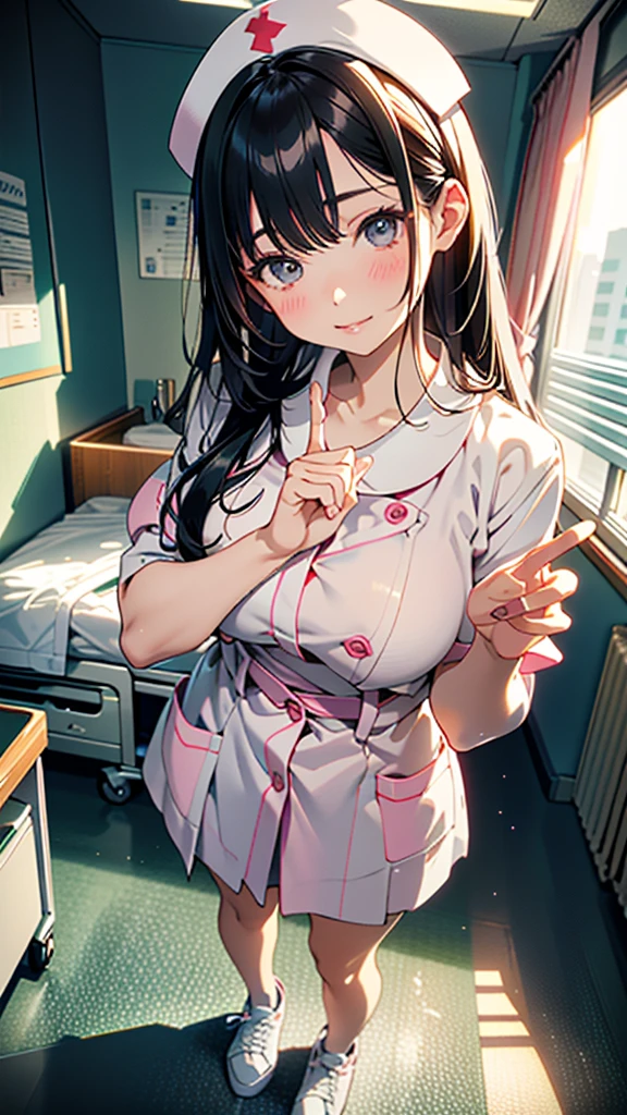 (8k, RAW Photos, 最high quality, masterpiece:1.2), high qualityのRAWカラー写真, Professional photo shoot, Cinematic Light, alone, (((young woman, Gal))), (Sharp features), (Small face), (Skin with attention to detail:1.2), clavicle, Cute Face, Beautiful appearance, Long eyelashes,Embarrassed, (Black Hair, Tied Hair), ((White Nurse,)), White sneakers,,Embarrassed, Artistic painting,Attractive thighs, (Very nice touch:1.2),A shy smile), Peaceful atmosphere, Oil painting style, Bright colors, (Are standing,Inside the white hospital room, Full body portrait), Smooth texture, Gazing Eyes, Beautiful Skin, Glowing Skin, ((Perfect Fingers, Five Fingers, Anatomically correct)), Background Blur, high quality, Surreal, ((Very detailed, photo shoot)),Many people々、blush、Plump、Tight fitting sexy nurse uniform、White Nurse服、nurse、mini skirt、Full Body Shot、White Hospital、白いタイトなmini skirt、Navy cardigan、blush