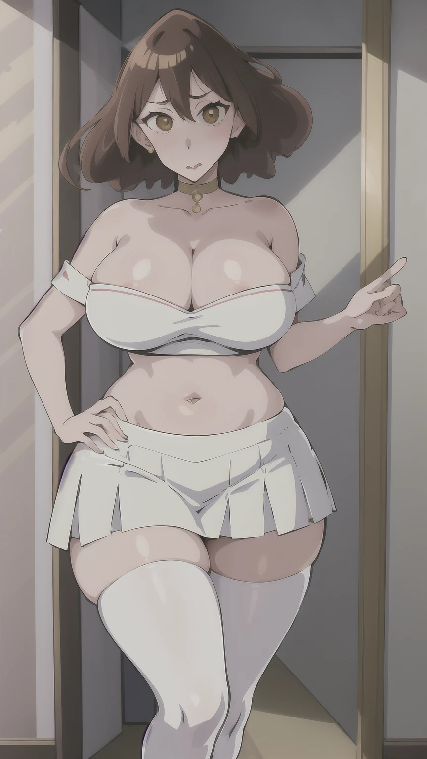 (NSFW), Misae Nohara, full body, thick thighs, hourglass figure, half naked, sexy legs, white strips stockings, exposed breasts, hard nipples, high heels, Looking at the viewer with seductive eyes, makeup, solo, serious, white skirt, cleavage, midriff, bathroom, morning, taking a shower, wet body, from below,  navel, (insanely detailed, masterpiece, best quality), 
 