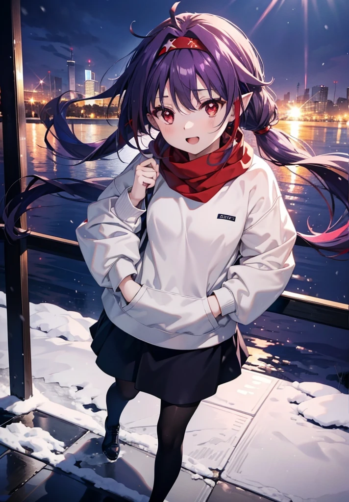 yuukikonno, Konno Yuuki, Long Hair, Pointed Ears, Purple Hair, (Red eyes:1.5), (Small breasts:1.2), Open your mouth,happy smile, smile, Open your mouth,hair band,low twin tail,Red Scarf,Oversized purple hoodie,Long skirt,Black pantyhose,short boots,He has his hands in his hoodie pockets.,snowが降っている,snowが降り積もっている,snow,snow,snow,snow,winter,Cold night,Walking,whole bodyがイラストに入るように,Looking down from above,
break looking at viewer,  whole body,
break outdoors, In town,
break (masterpiece:1.2), Highest quality, High resolution, unity 8k wallpaper, (figure:0.8), (Beautiful attention to detail:1.6), Highly detailed face, Perfect lighting, Highly detailed CG, (Perfect hands, Perfect Anatomy),