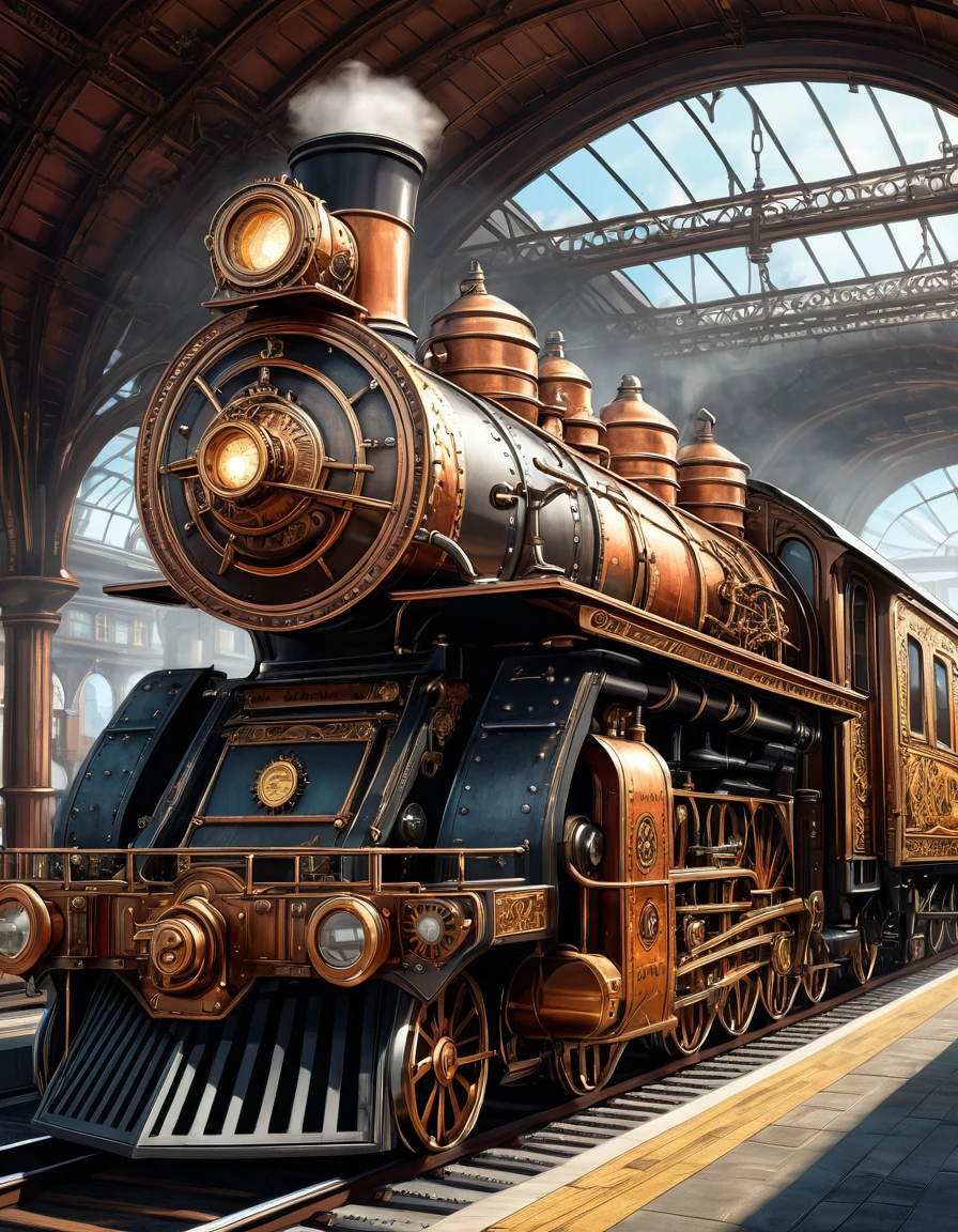 Extremely detailed illustration of a steampunk train at the station., intricate details, perfect environment