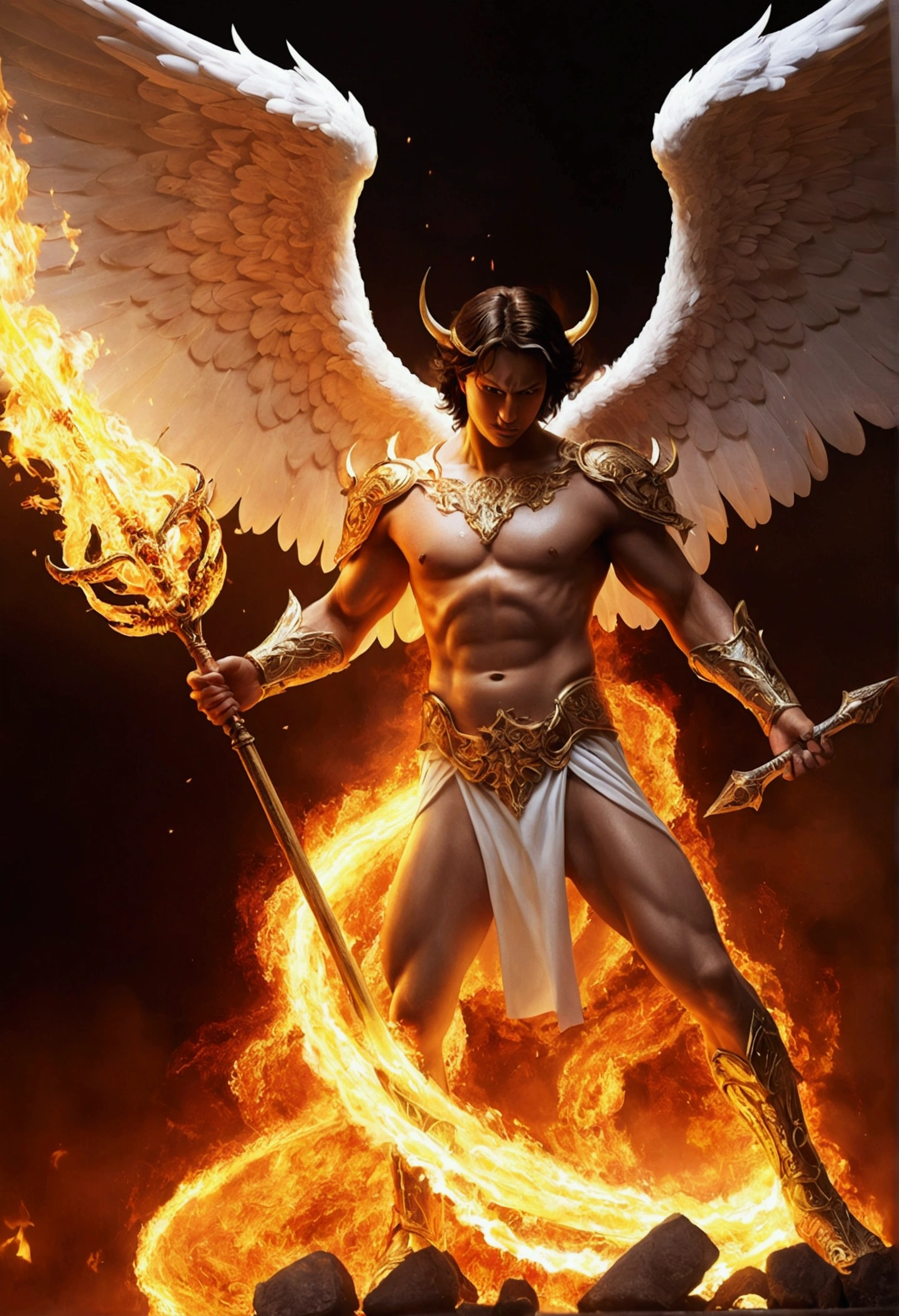 make a shining angel beating a demon, in a fight with a lot of fire around...