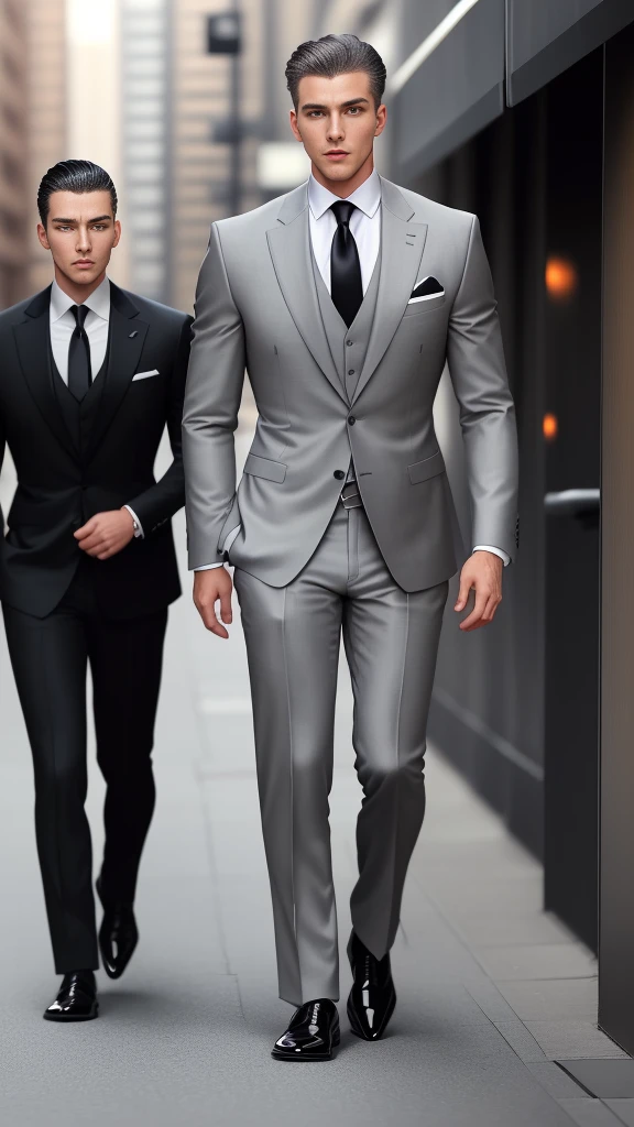 a man in a suit and shoes walking down a sidewalk, wearing a stylish men's suit, stylish suit, wearing fashion suit, men's fashion, grey pants and black dress shoes, elegant suit, wearing black grey suit, handsome and elegant, style from greg rutkowski, well - dressed, well dressed, masculine appeal high fashion, tan suit, formal suit