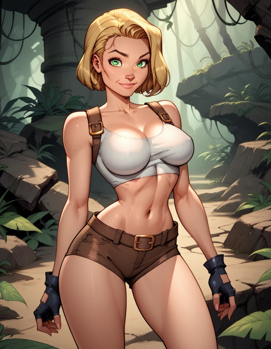 score_9, score_8_up, score_7_up,score_6_up, score_5_up, score_4_up, detailed soft lighting, 1girl, solo, large breasts, AchaseDG, hort hair, blonde hair, green eyes, plain white shirt, black gloves, crop top, (tiny brown shorts:1.4), belt, fingerless gloves, (tight clothes:1.3), exploring jungle ruins, dynamic poses, smile, closed mouth, (masterpiece, best quality, highly detailed, beautiful).