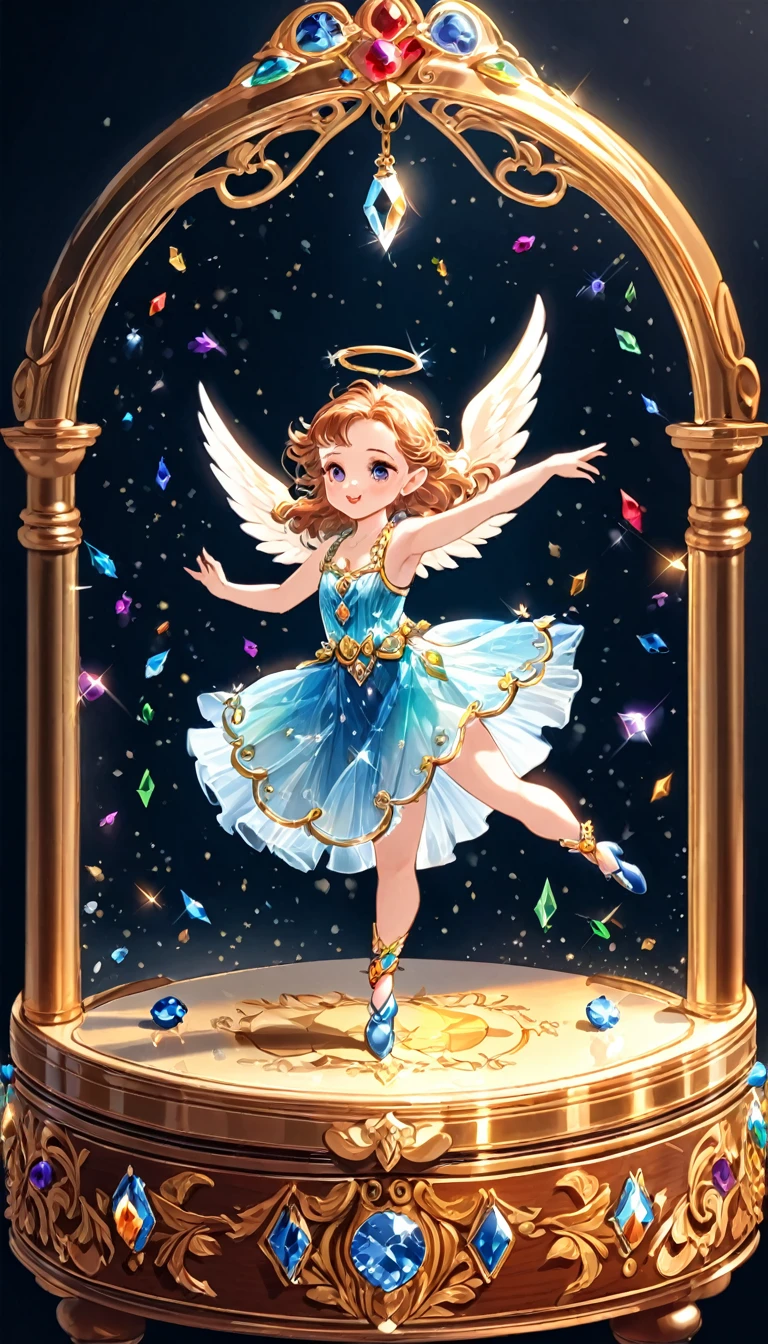 4k detailed photography. Draw a retro music box: 1.5) (Decorated with crystals: 1.5) (A dwarf angel girl is dancing on the music box: 1.5)