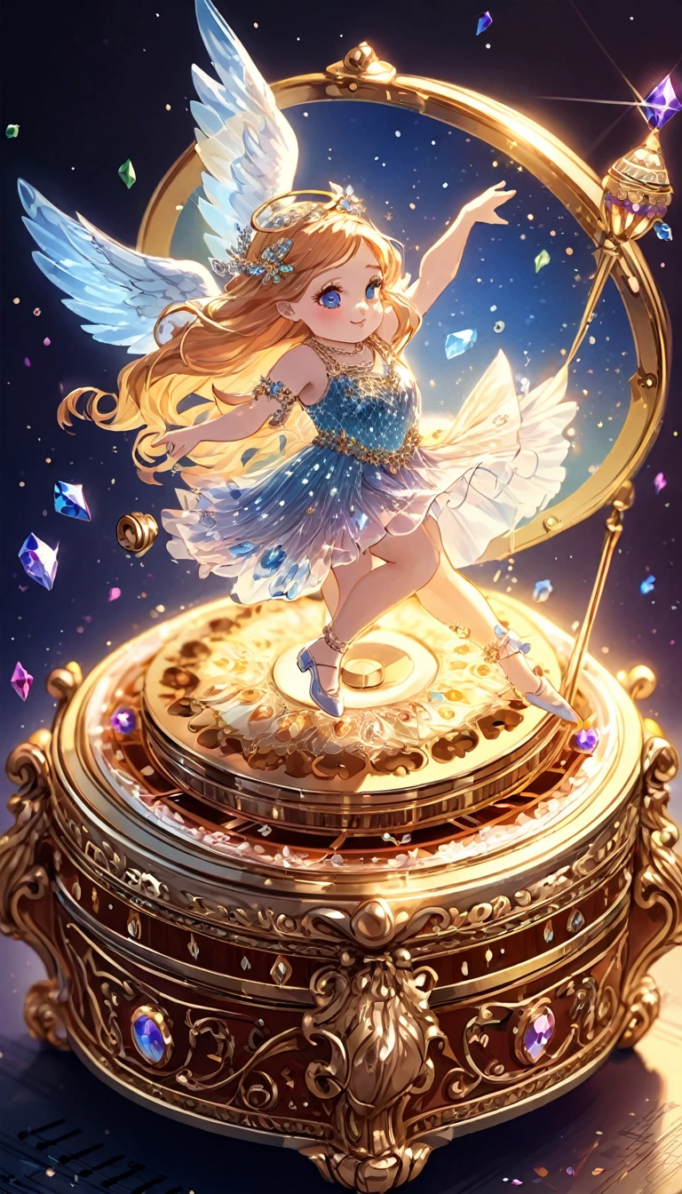 4k detailed photography. Draw a retro music box: 1.5) (Decorated with crystals: 1.5) (A dwarf angel girl is dancing on the music box: 1.5)
