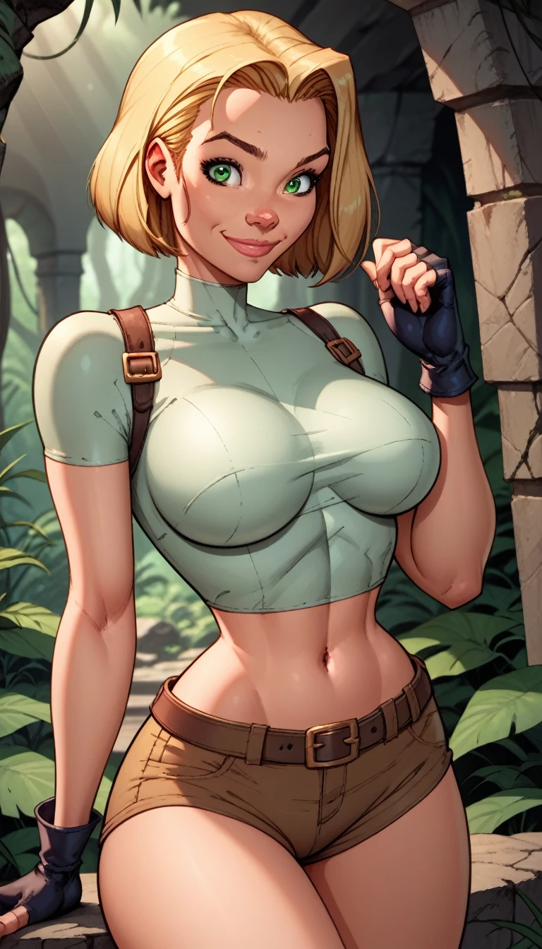 score_9, score_8_up, score_7_up,score_6_up, score_5_up, score_4_up, detailed soft lighting, 1girl, solo, large breasts, AchaseDG, hort hair, blonde hair, green eyes, plain white shirt, black gloves, crop top, (tiny brown shorts:1.4), belt, fingerless gloves, (tight clothes:1.3), exploring jungle ruins, dynamic poses, smile, closed mouth, (masterpiece, best quality, highly detailed, beautiful).