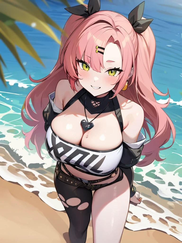 high quality, 4k, HD, Good detailed, white skin, cute, detailed skin texture, glistening skin, detailed beautiful and delicate face:1.3, bikini, padded Crop Top, narrow waist, Smiling:1.2, she feels hot and sweating, standing in the beach, 1girl, full body, solo,large_breasts, highres, nicole_demara, 1girl, hair_ribbon, looking_at_viewer, masterpiece, best quality