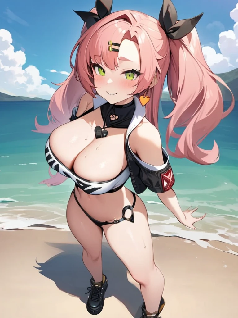 high quality, 4k, HD, Good detailed, white skin, cute, detailed skin texture, glistening skin, detailed beautiful and delicate face:1.3, bikini, padded Crop Top, narrow waist, Smiling:1.2, she feels hot and sweating, standing in the beach, 1girl, full body, solo,large_breasts, highres, nicole_demara, 1girl, hair_ribbon, looking_at_viewer, masterpiece, best quality