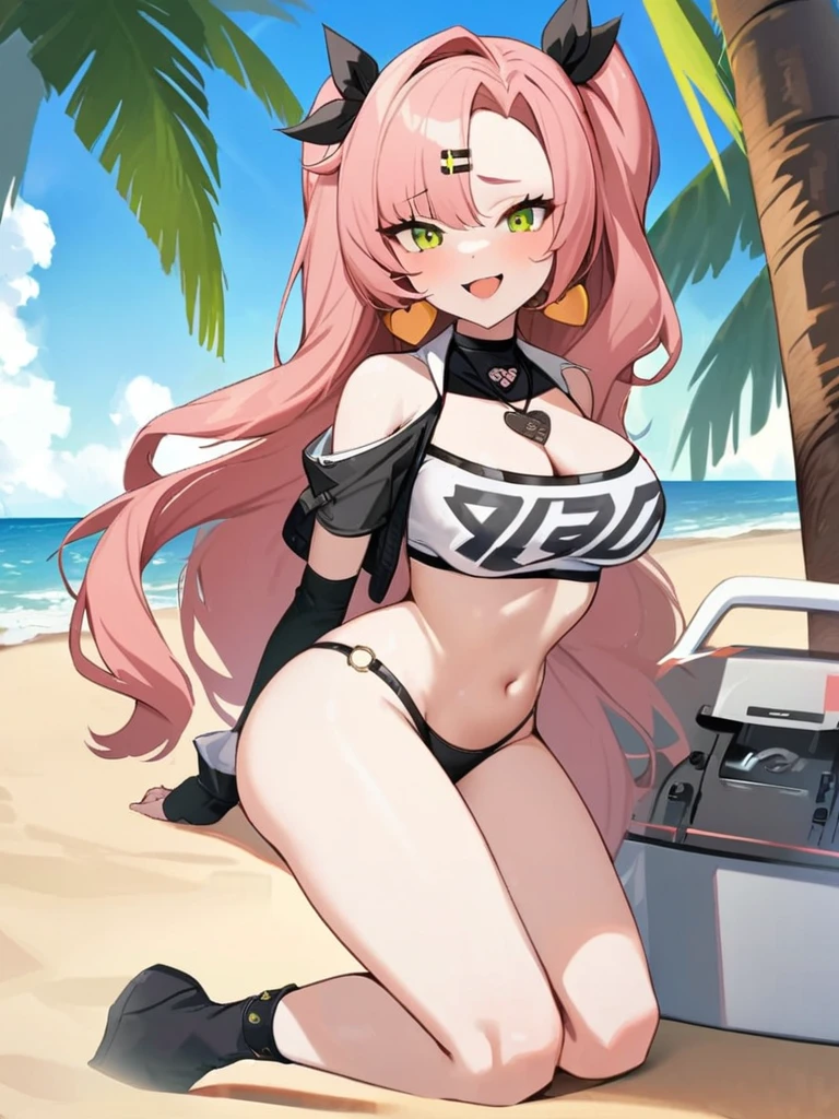high quality, 4k, HD, Good detailed, white skin, cute, detailed skin texture, glistening skin, detailed beautiful and delicate face:1.3, bikini, padded Crop Top, narrow waist, Smiling:1.2, she feels hot and sweating, standing in the beach, 1girl, full body, solo,large_breasts, highres, nicole_demara, 1girl, hair_ribbon, looking_at_viewer, masterpiece, best quality
