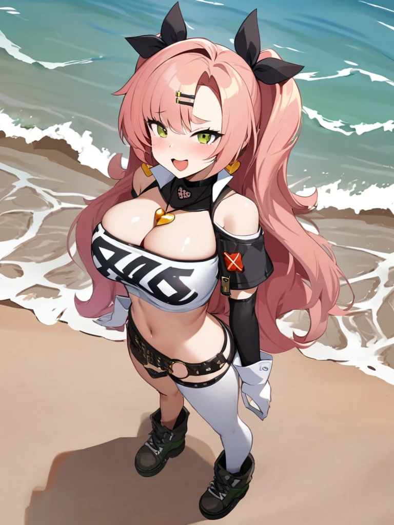 high quality, 4k, HD, Good detailed, white skin, cute, detailed skin texture, glistening skin, detailed beautiful and delicate face:1.3, bikini, padded Crop Top, narrow waist, Smiling:1.2, she feels hot and sweating, standing in the beach, 1girl, full body, solo,large_breasts, highres, nicole_demara, 1girl, hair_ribbon, looking_at_viewer, masterpiece, best quality