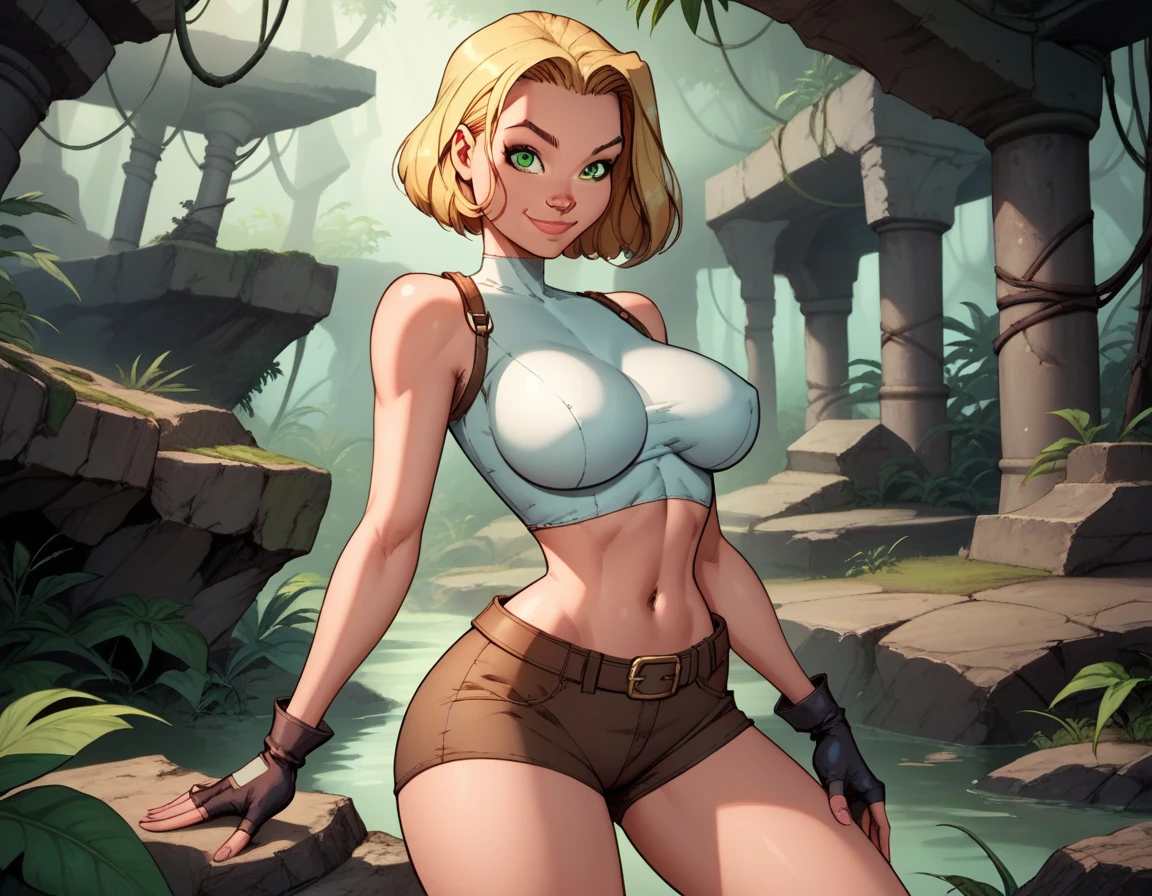 score_9, score_8_up, score_7_up,score_6_up, score_5_up, score_4_up, detailed soft lighting, 1girl, solo, large breasts, AchaseDG, hort hair, blonde hair, green eyes, plain white shirt, black gloves, crop top, (tiny brown shorts:1.4), belt, fingerless gloves, (tight clothes:1.3), exploring jungle ruins, dynamic poses, smile, closed mouth, (masterpiece, best quality, highly detailed, beautiful).