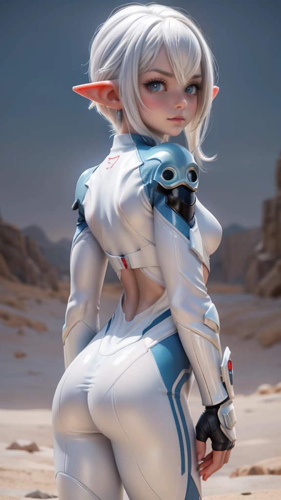 Ariel, upper body portrait, elf, white hair, beautiful, cute futuristic clothes, warrior, midriff, fit, white hair, tight one piece suit, cowboy shot, rear view looking back, desert background, realistic fantasy ,concept art