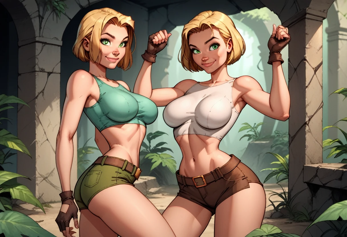 score_9, score_8_up, score_7_up,score_6_up, score_5_up, score_4_up, detailed soft lighting, 1girl, solo, large breasts, AchaseDG, hort hair, blonde hair, green eyes, plain white shirt, black gloves, crop top, (tiny brown shorts:1.4), belt, fingerless gloves, (tight clothes:1.3), exploring jungle ruins, dynamic poses, smile, closed mouth, (masterpiece, best quality, highly detailed, beautiful).