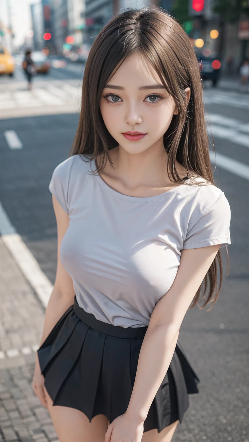 ((1 lady, wearing Dark blue T-shirt)), ((Dark grey pleated skirt)), ((Casual Uniform)), ((Standing on the road)), (zoom camera in the crotch, angle from below), looking to the side, very smile, blushing, ((background york cityscape)), distressed, reluctant, glare, (sexual arousal:1.5, ) , NSFW, 8k, RAW photo, masterpiece, absurdity, top quality, high resolution: 1.1, ultra-detail, hyper-realistic: 1.4, realistic, photorealistic: 1.3, cinema light, film grain, closeup, full body, depth of field, eye focus, young, 85mm lens, f/1.4, Professional lighting, portrait, photon mapping, radiocity, physically based rendering, transparency, soft light, realistic face, realistic body, realistic skin, clean: 1.8, Dark red hair, hairstyle to match the trend of Japan in 2023, Huge-breasted not closed: 1.2, blusher, good style, (very dark lip gloss, bright red lipstick, so many eyelashes, blue eyes, pitch black eyeshadow Huge-breast), company, camel toe, long legs, PureErosFace_V1: 0.8, dynamic pose