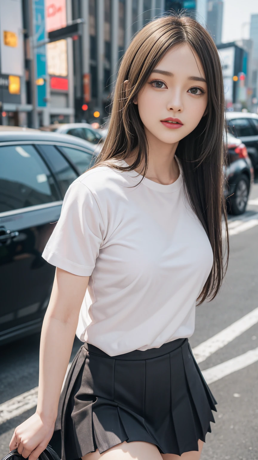 ((1lady, grey T-shirts)),((black pleated skirt)),((Standing on the road)), zoom camera in the crotch, angle from below), looking to the side, very smile, blushing, ((background new york cityscape)), distressed, reluctant, glare , NSFW, 8k, RAW photo, masterpiece, absurdity, top quality, high resolution: 1.1, ultra-detail, hyper-realistic: 1.4, realistic, photorealistic: 1.3, cinema light, film grain, closeup, full body, depth of field, eye focus, young, 85mm lens, f/1.5, Professional lighting, portrait, photon mapping, radiocity, physically based rendering, transparency, soft light, realistic face, realistic body, realistic skin, clean: 1.8, silky golden shiny blonde hair, Shiny silky straight hair, hairstyle to match the trend of Japan in 2023, Big tits: 1.2, blusher, good style, (very dark lip gloss, bright red lipstick, so many eyelashes, blue eyes, pitch black eyeshadow big tits), company, camel toe, long legs, PureErosFace_V1: 0.8, dynamic pose