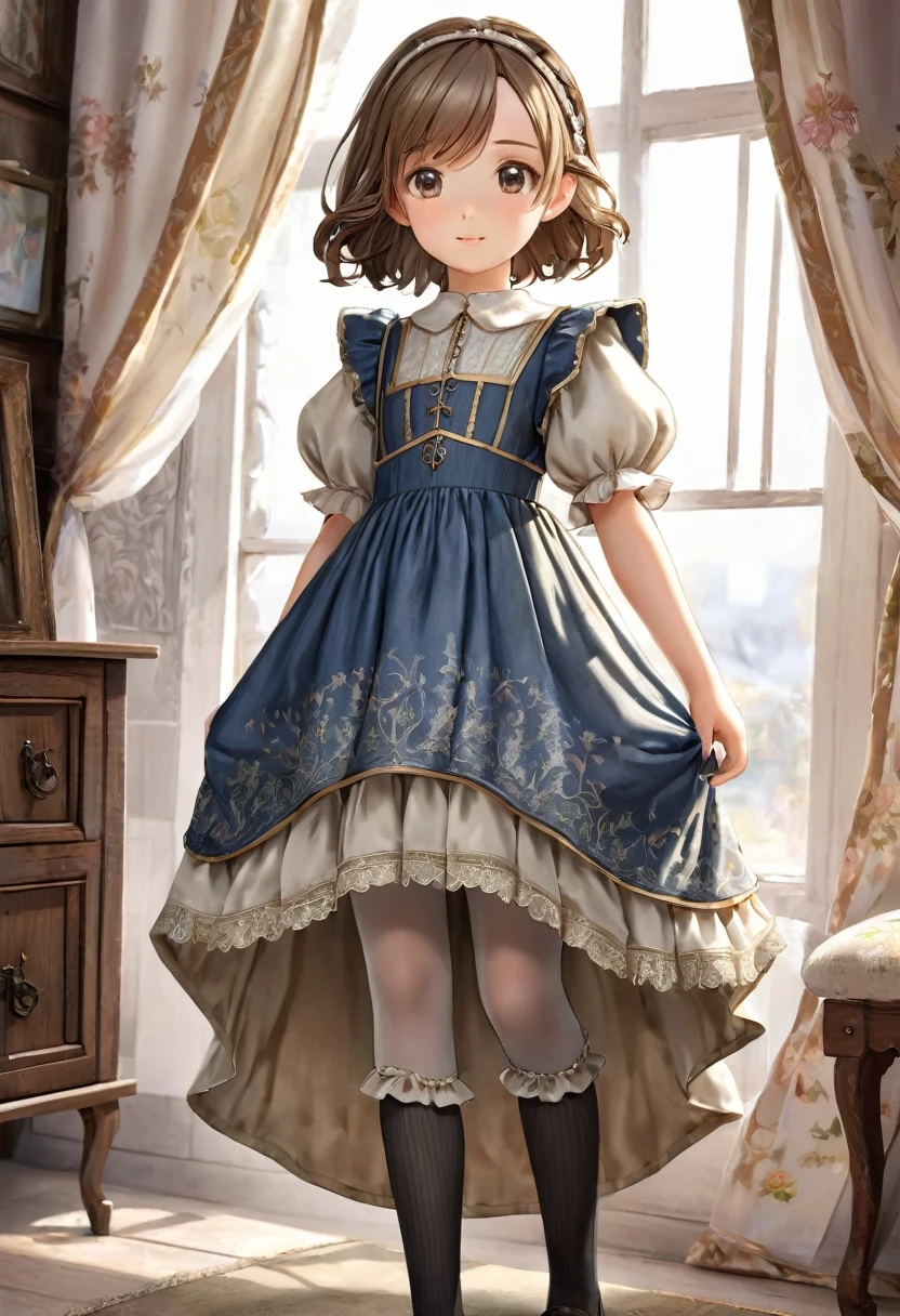 10 year old girl underwear, Realistic bloomers made from patterned cotton fabric, Medieval one-piece dress with panniers, Fabric Realism, Low - Angle, You can see the drawer, Pull up the dress by hand, Strong winds, Translucent slip, Translucent slip, tights, Highest quality, Crotch close-up, whole body
