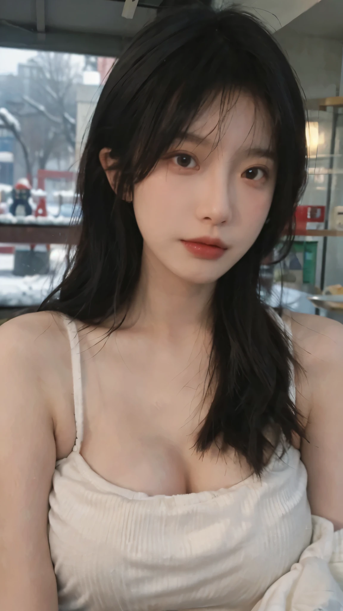 Portrait photography,1 girl,Snow Scene,Snowing background,Thickened cup strapless outer expansion underwear for women with small chest, gathered, non-slip and large, 6cm front buckle, wrapped chest, flat chest, tube top ,whole body:1.4,Lipstick,(Big Breasts:1.6),Headband,serene,calm,(Realistic and detailed eyes,Natural skin texture,Realistic facial details),