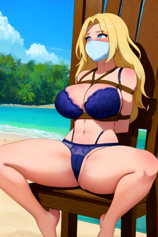 1 girl, detailed blue eyes, lange wimpern, detailed beautiful face, (Long blonde hair:1.4), festgebunden, (arms behind back:1.6), gefesselte Arme, blushing, (Big boobs:1.1), White Bikini, White crop top, OTN, Gag, gagged, shibari, tied Gag, Standing at a beach, high heels, sitting