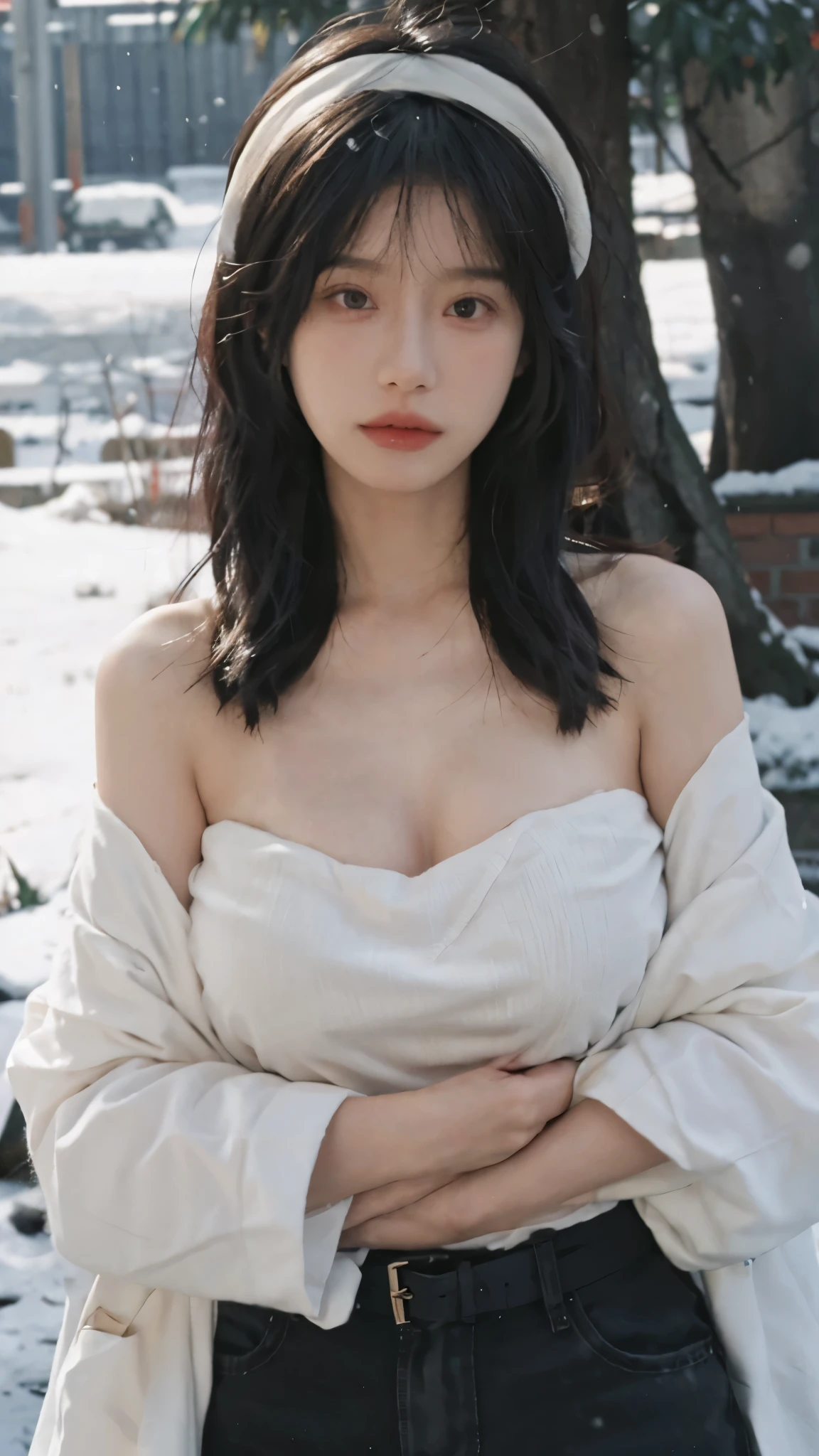 Portrait photography,1 girl,Snow Scene,Snowing background,Thickened cup strapless outer expansion underwear for women with small chest, gathered, non-slip and large, 6cm front buckle, wrapped chest, flat chest, tube top ,whole body:1.4,Lipstick,(Big Breasts:1.6),Headband,serene,calm,(Realistic and detailed eyes,Natural skin texture,Realistic facial details),