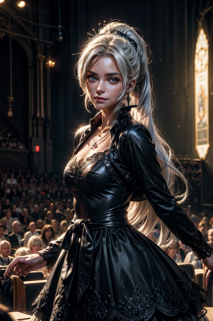 (masterpiece, best quality:1.2), cowboy shot, weissvale, smile, closed mouth, looking at viewer, long white hair, side ponytail, scar above eye, scar below eye, black gala dress, jewelry, necklace, earrings, future_urban, standing in theater, on stage, orchestra, audience, crowd, (volumetric lighting), intricate details, tonemapping, sharp focus, hyper detailed