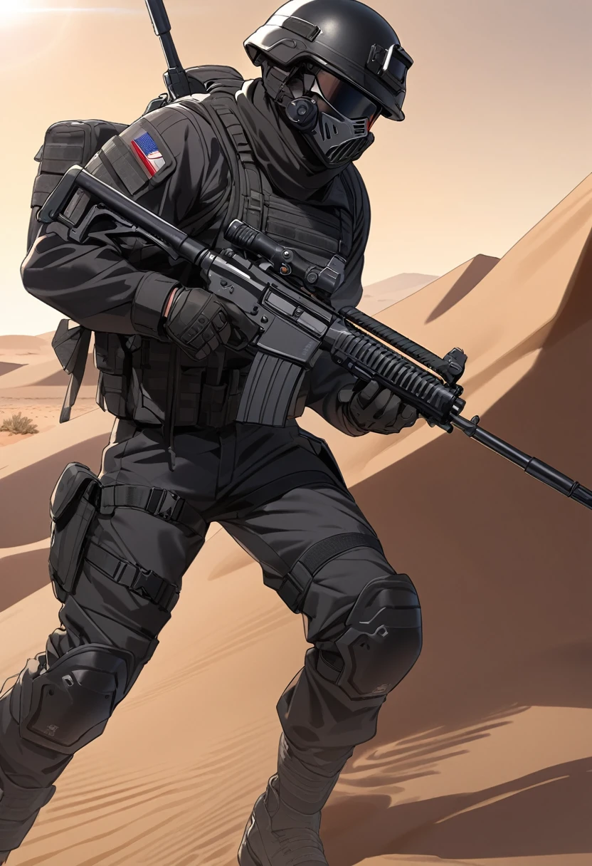 Male modern soldier, black armour, black helmet and mask, black long boots, desert, black clothes, thin waist, black accessories, black everything