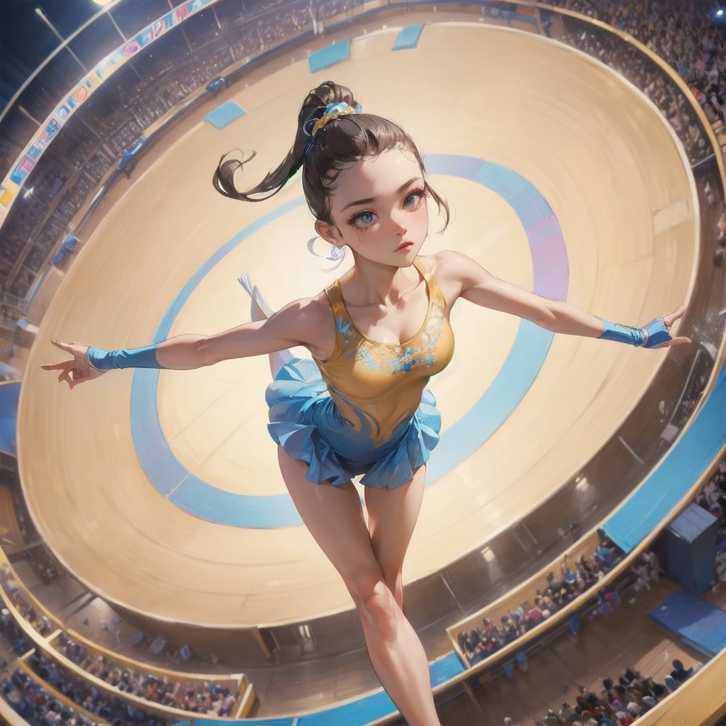 masterpiece, (textured skin), best quality, gorgeous beautiful girl, (a female rhythmic gymnastics athlete), detailed clothes,large breasts,narrow waist,, (beautiful face), cinematic lighting, (at rhythmic gymnastics venue ),