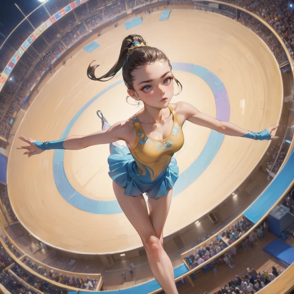  masterpiece, (textured skin), best quality, gorgeous beautiful girl, (a female rhythmic gymnastics athlete), detailed clothes,large breasts,narrow waist,, (beautiful face), cinematic lighting, (at rhythmic gymnastics venue ),