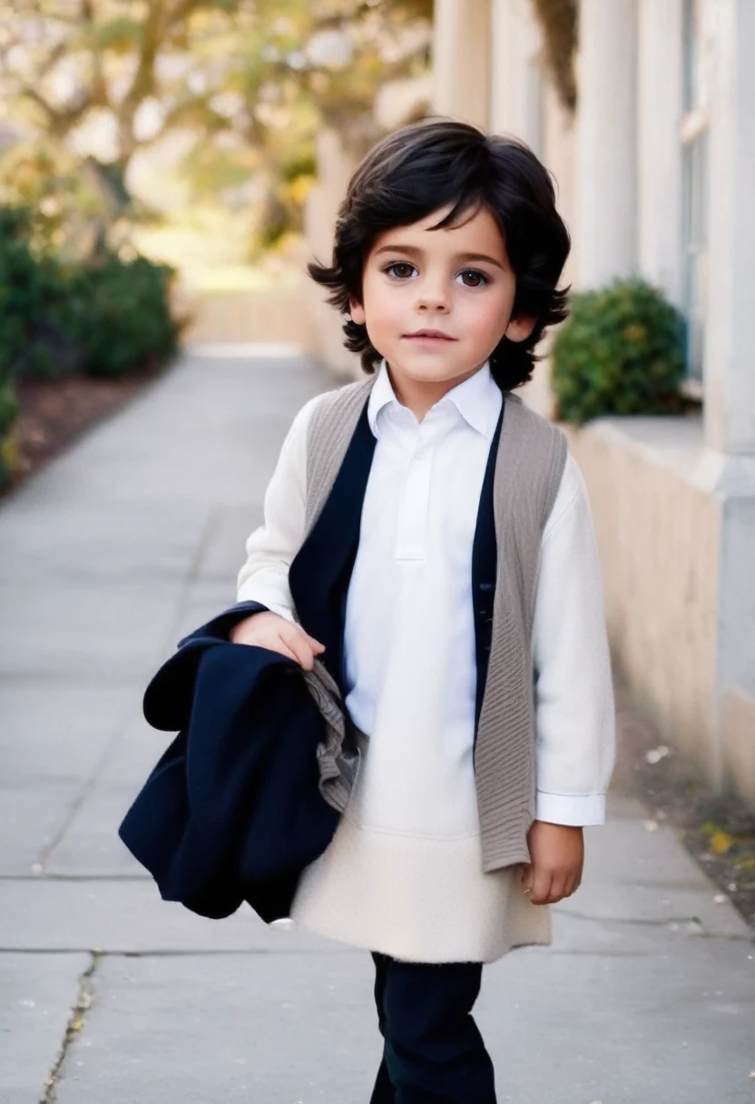 Make a picture of a boy with dark black hair and brown eyes, dress with white cashmere at school
