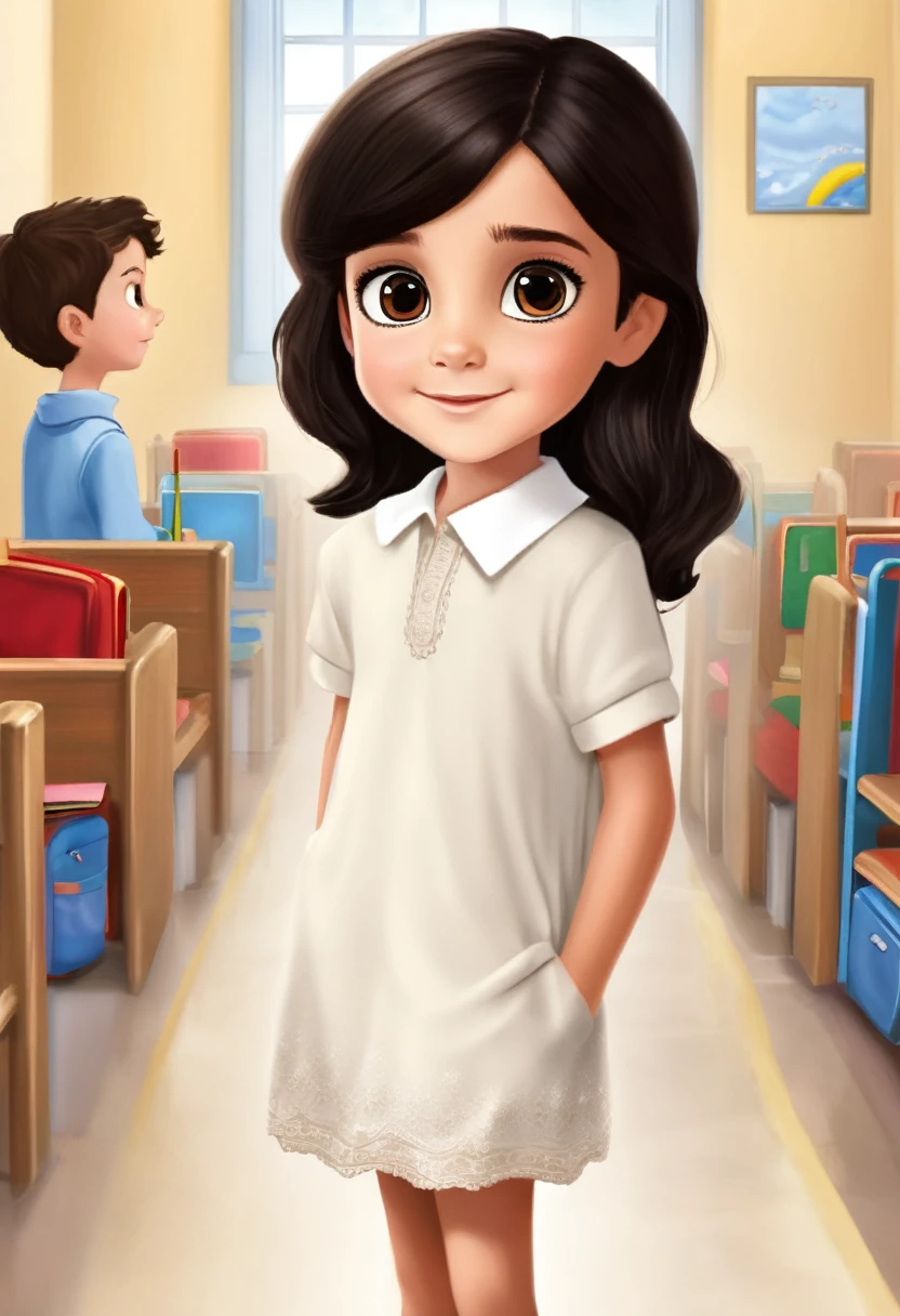 Make a picture of a seven year old boy with dark black hair and brown eyes, dress with white cashmere at school