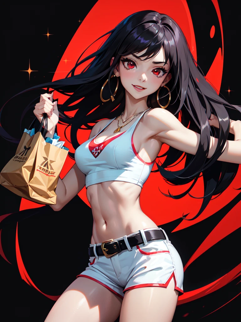(((Portrait Photo))), She has a Childish, Youthful 18-Year-Old Appearance, with a Slim, Athletic Build, and a Vibrant Demeanor. She has Long, Flowing Black Hair, Styled Naturally with a Slight Wave. Her Striking Red Eyes Sparkle with Energy, Giving Off a Lively and Cheerful Expression. She Wears a High-waisted Paper Bag Shorts with a Tucked-in Tank Top, Accessorized with a Wide Belt, Block-heeled Sandals, and a Pendant Necklace. (((High Quality, Dark Background))), (((Portrait Photo)))