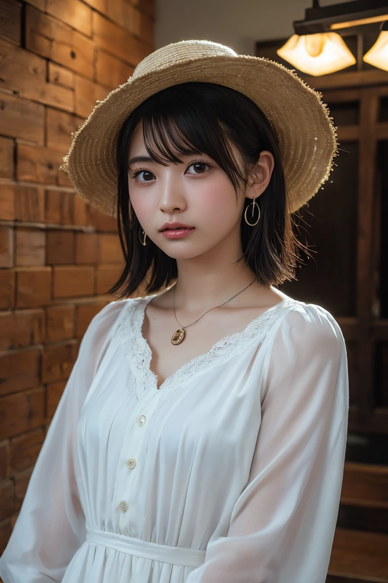 (Highest quality:1.4)，(masterpiece:1.4)，(Realistic:1.4)，(Realistic:1.2)，(超High resolution， RAW Photos:1.4)，(High resolution， Ultra-detailed:1.2)，(8k:1.2)，View your viewers，Cinematic photography，One girl，skeletally correct，Black-haired woman，(Small earrings，necklace，Neat dress，Straw hat)，（Western-style building interior，Dimly lit room，The lamplight shines on my cheeks）
