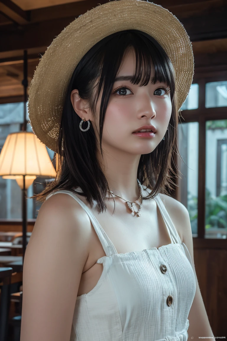(Highest quality:1.4),(masterpiece:1.4),(Realistic:1.4),(Realistic:1.2),(超High resolution, RAW Photos:1.4),(High resolution, Ultra-detailed:1.2),(8k:1.2),View your viewers,Cinematic photography,One girl,skeletally correct,Black-haired woman,(Small earrings,necklace,Neat dress,Straw hat),(Western-style building interior,Dimly lit room,The lamplight shines on my cheeks)