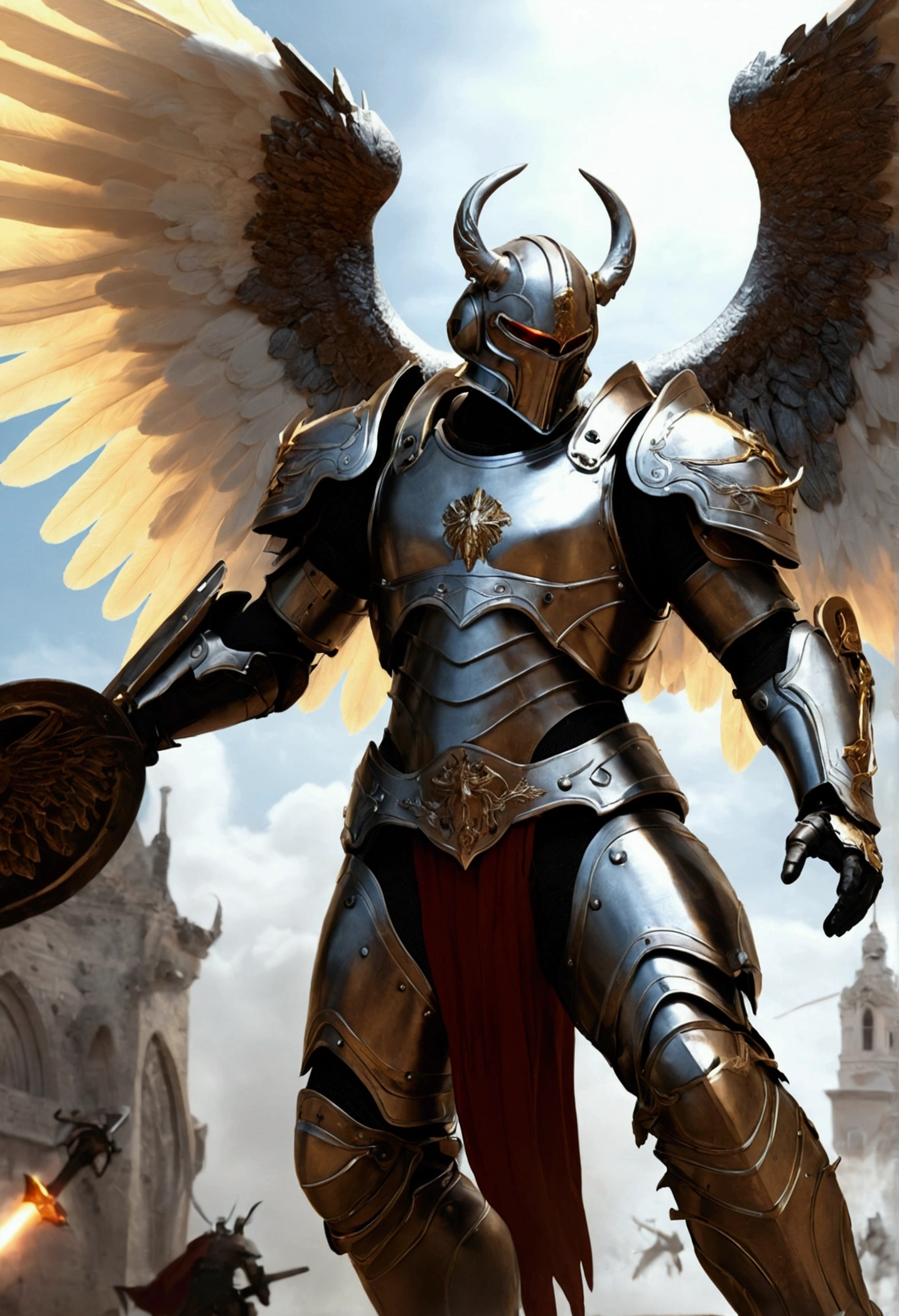 I want an angel with iron war armor, and fighting with various demons...