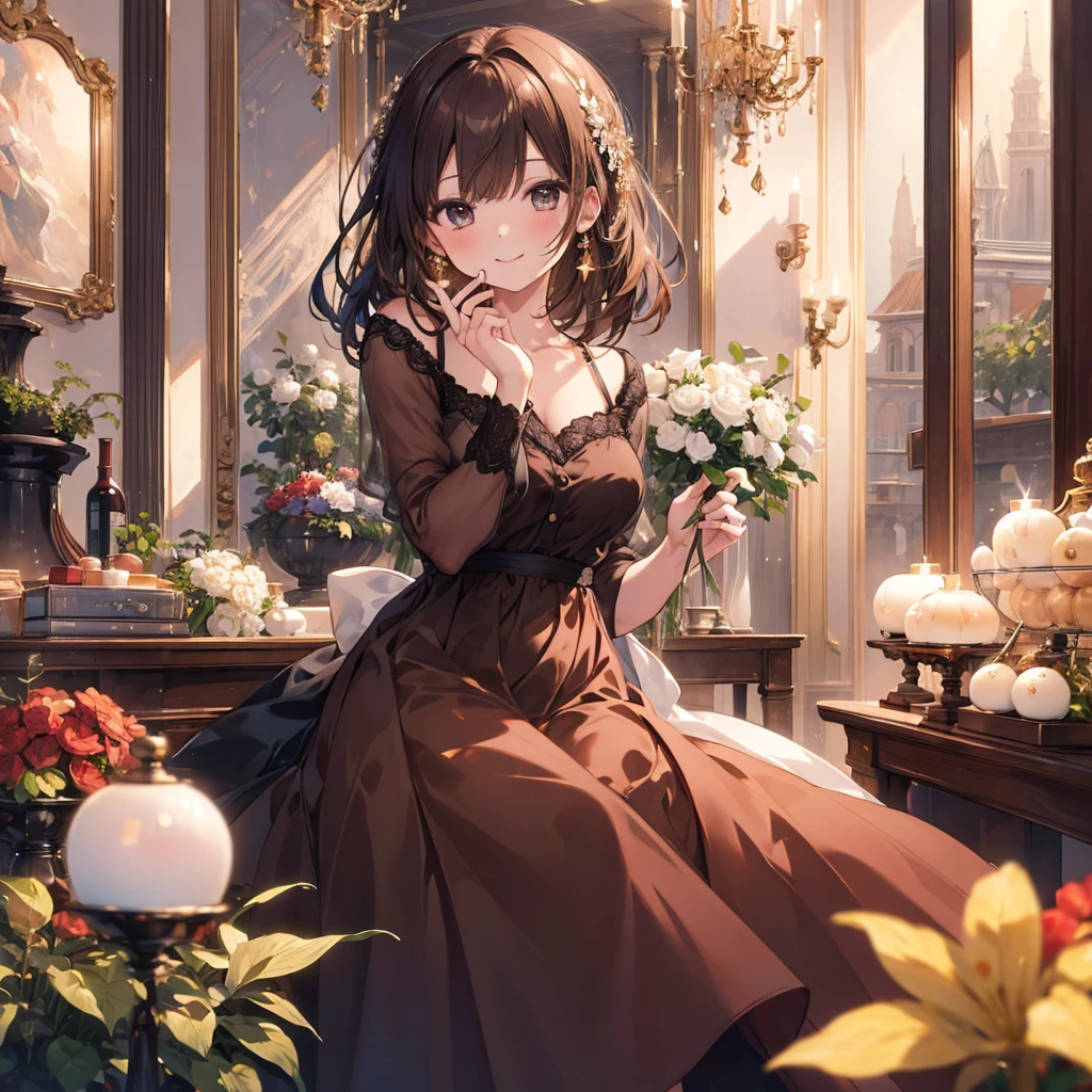 ((masterpiece,Highest quality)), 4K, High resolution, One girl, alone, smile, Brown dress, (Perfumer&#39;s Outfit 2:1.2), 