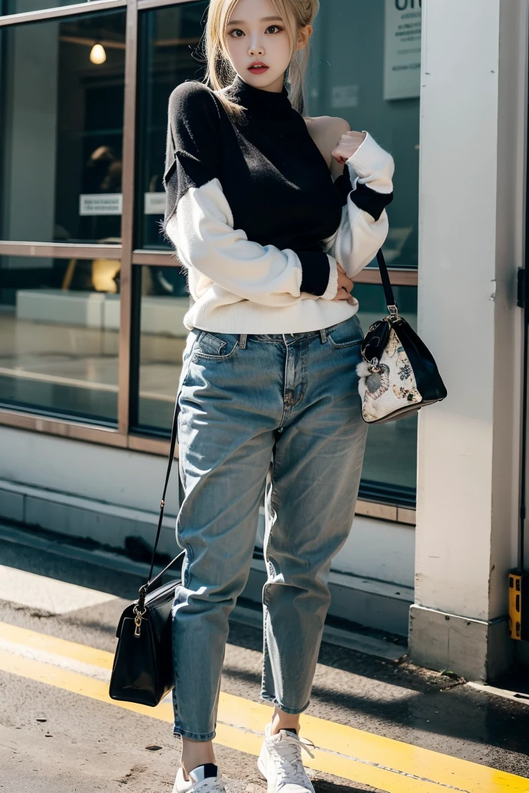 UHD,masterpiece,best,quality,ultra-detailed,1girl,20years old,blonde hair,dutch angle,Curvy Body,(gray shoulder bag),sweater,black slacks,at City,clenched fist,eye wear,full body,