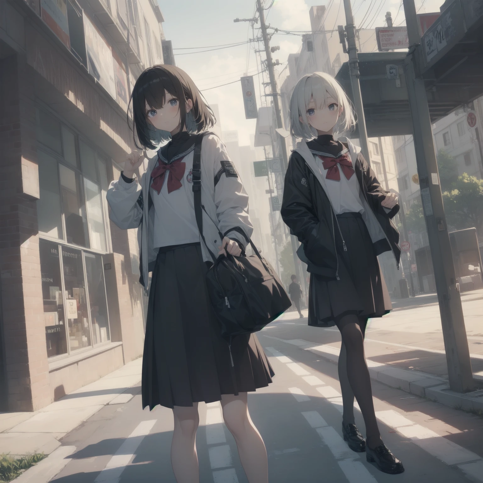 ultra-absurdres-Top quality by artist God, ultra-detailed, high resolution, anime moe artstyle, best anime 8k konachan wallpaper, pixiv contest winner, pool:2810, perfect anatomy,break, 1girl, (Please draw a girl walking sleepily to school alone. )break,(Solo,little female, 13-year-old:1.3),Full limbs, complete fingers,a junior high school student, (very short hair), short cut, flat chest, , small butt, small black eyes, beautiful detailed eyes, well-proportioned iris and pupils, expressive eyes, highres detailed hair, soft expression, salor school_uniform, sailor collar, serahuku, bow, pleated skirt,(Detailed Lighting), (Detailed background), in the School commute route. break,super detailed skin, Best cinematic lighting powered by famous artist, 8k,beauty illustration,photoshop_(medium),very aesthetic,break,((artist:yuuhagi_(amaretto-no-natsu) )), artist:clamp ,artist:carnelian ,artist:kantoku ,