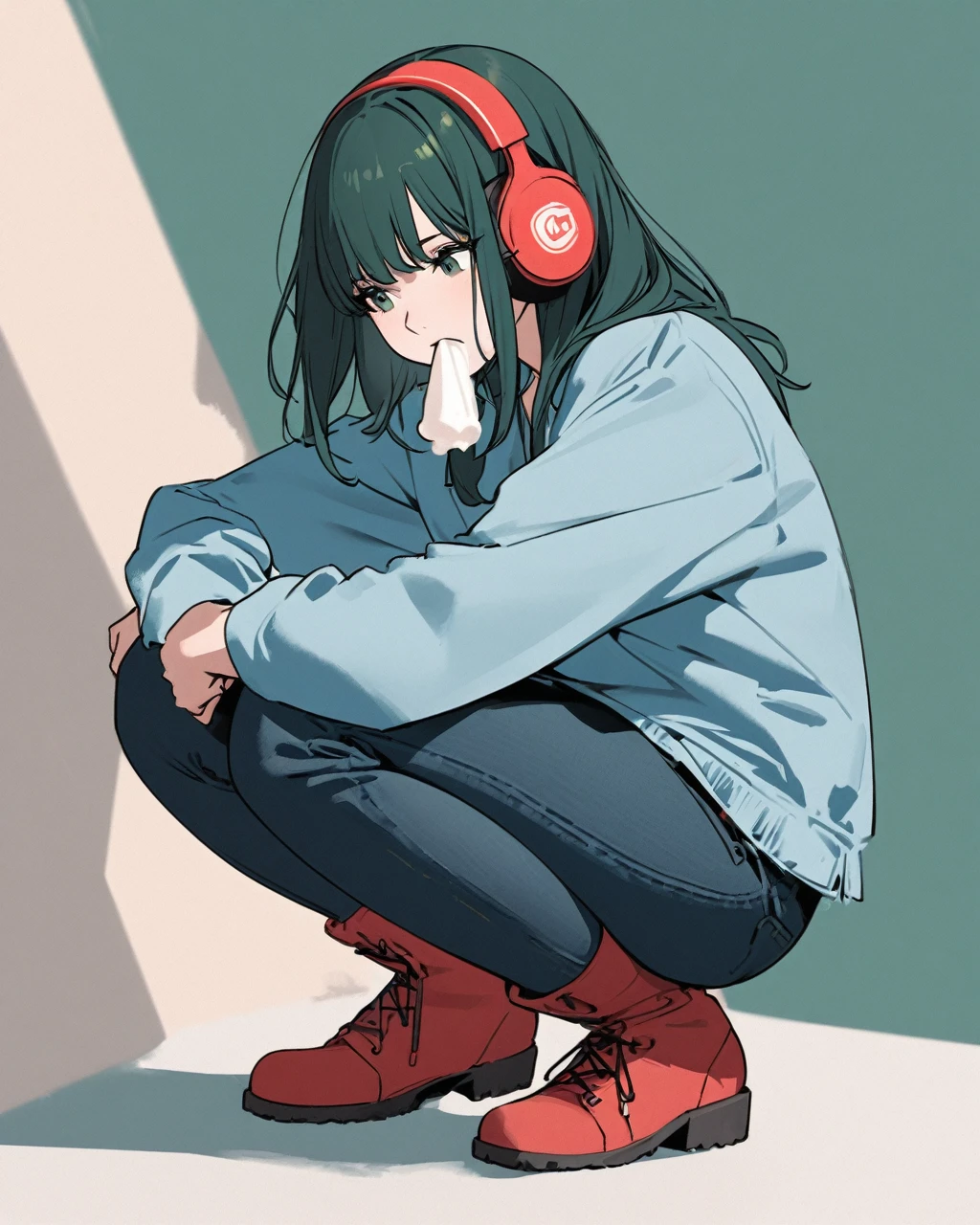 A digital drawing of a girl with medium-length, dark green hair wearing big, red headphones. She is squatting down, wearing a loose blue jacket, jeans, and large boots. She looks contemplative with a straw in her mouth. The background is a plain, soft cream color