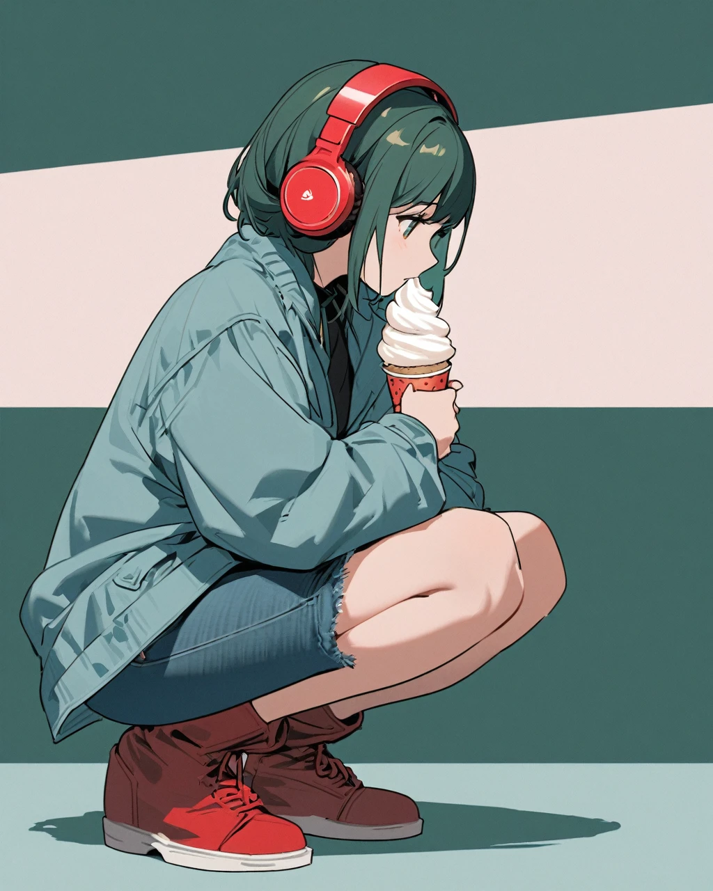 A digital drawing of a girl with medium-length, dark green hair wearing big, red headphones. She is squatting down, wearing a loose blue jacket, jeans, and large boots. She looks contemplative with a straw in her mouth. The background is a plain, soft cream color