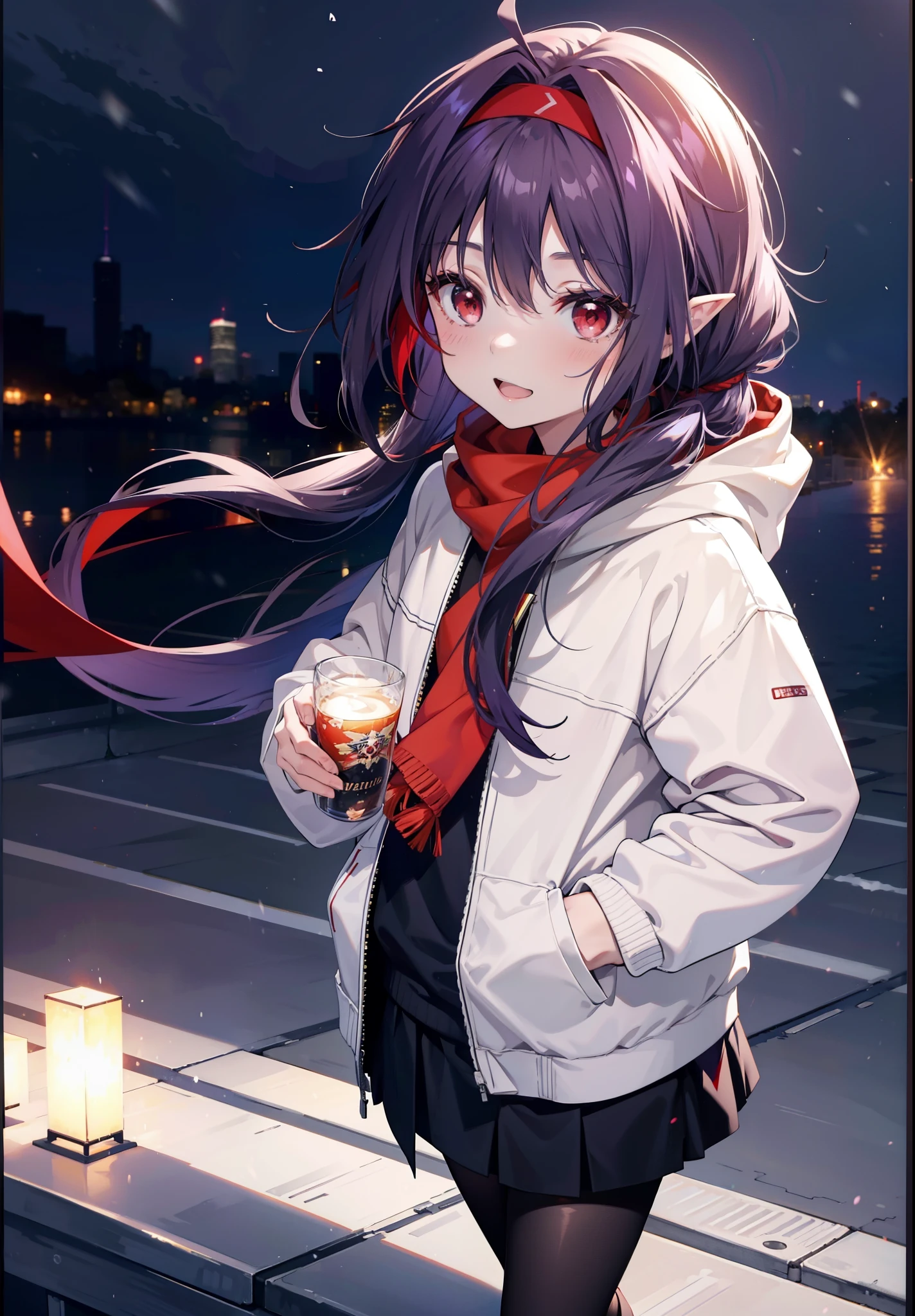 yuukikonno, Konno Yuuki, Long Hair, Pointed Ears, Purple Hair, (Red eyes:1.5), (Small breasts:1.2), Open your mouth,happy smile, smile, Open your mouth,hair band,low twin tail,Red Scarf,Oversized purple hoodie,Long skirt,Black pantyhose,short boots,He has his hands in his hoodie pockets.,snowが降っている,snowが降り積もっている,snow,snow,snow,snow,winter,Cold night,Walking,whole bodyがイラストに入るように,Looking down from above,
break looking at viewer, whole body,
break outdoors, In town,
break (masterpiece:1.2), Highest quality, High resolution, unity 8k wallpaper, (figure:0.8), (Beautiful attention to detail:1.6), Highly detailed face, Perfect lighting, Highly detailed CG, (Perfect hands, Perfect Anatomy),