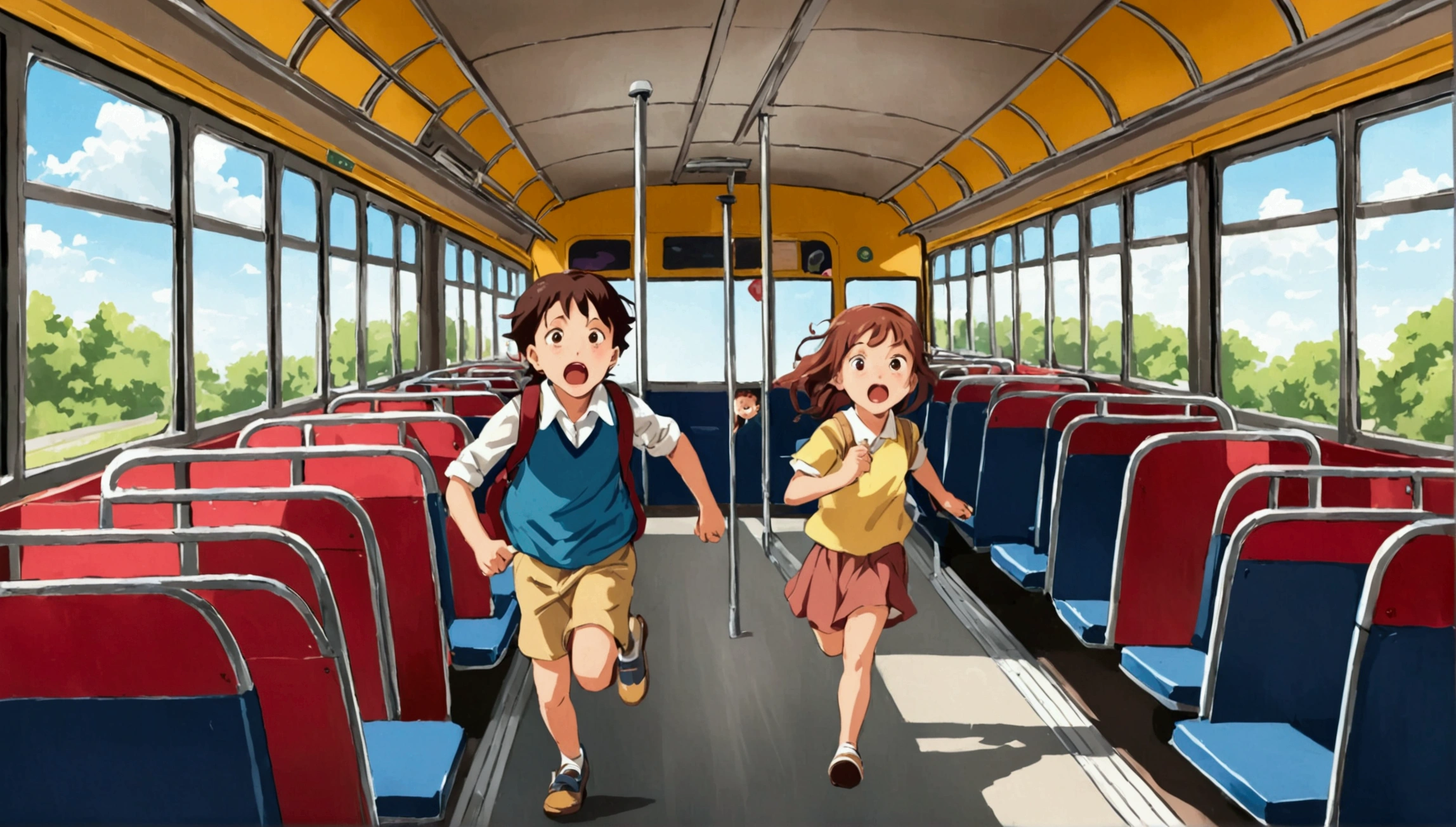 A picture of a child going on a bus trip. Picture of a child running in school. A picture of a  running away from strangers. Picture of a frightened 