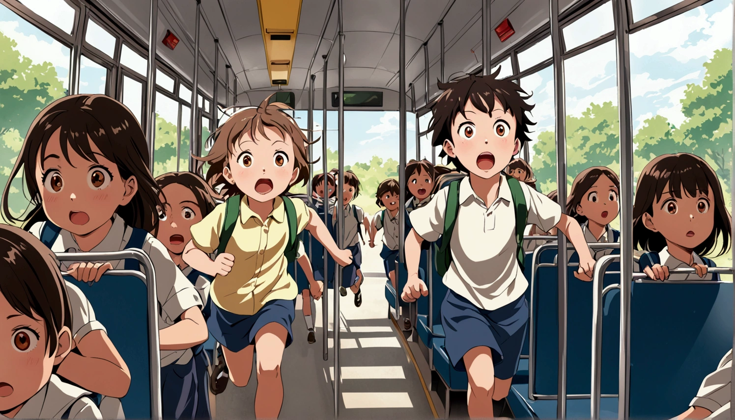 A picture of a child going on a bus trip. Picture of a child running in school. A picture of a  running away from strangers. Picture of a frightened 