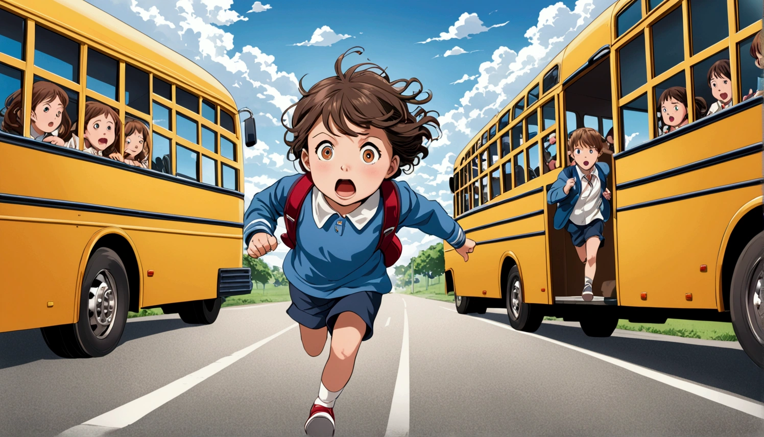A picture of a child going on a bus trip. Picture of a child running in school. A picture of a running away from strangers. Picture of a frightened