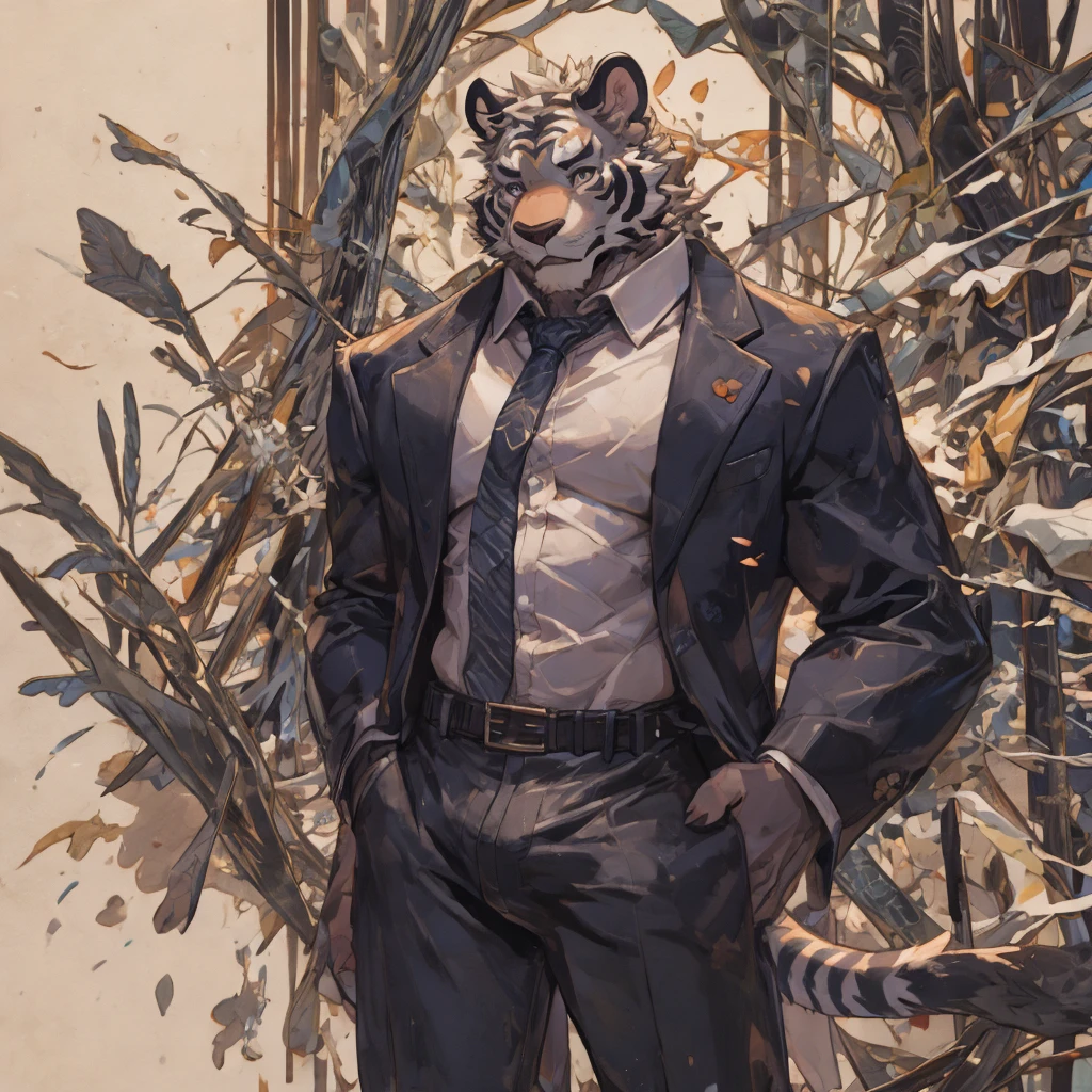 {{bara extremely handsome white tiger,}} {{white fur,}} white, professional model like, wearing elegant ornate suit jacket, trousers, white dress shirt and necktie, white fluffy furry body and limbs, loafers, very tall, very broad shoulders, narrow waist, muscular arms, massive pecs, purple eyes, very long legs, massive bulge, sophisticated hot look, 3/4 view, best quality, high detail, CG image, character splash art, silver earring on left ear, sultry smirk