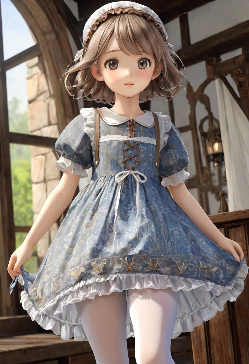 10 year old girl underwear, Realistic bloomers made from patterned cotton fabric, Medieval one-piece dress with panniers, Fabric Realism, Low - Angle, You can see the drawer, Pull up the dress by hand, Strong winds, Translucent slip, Translucent slip, tights, Highest quality, Crotch close-up, whole body